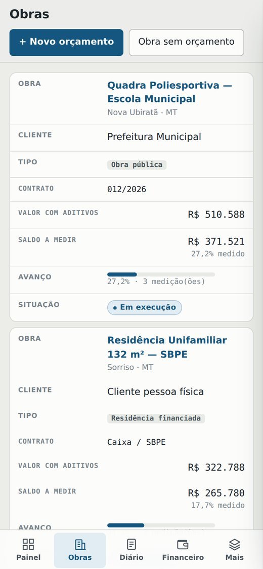 Lista de obras no celular, separando a carteira da empresa das propostas em licitação, com avanço e situação