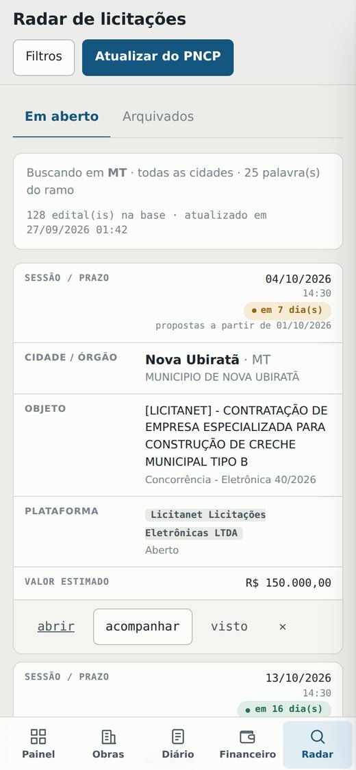 Radar de licitações no celular: data da sessão, dias que faltam, cidade, órgão, objeto, plataforma e valor estimado
